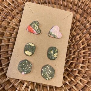 Cute 3 pair army green/pink studs. Handmade polymer clay